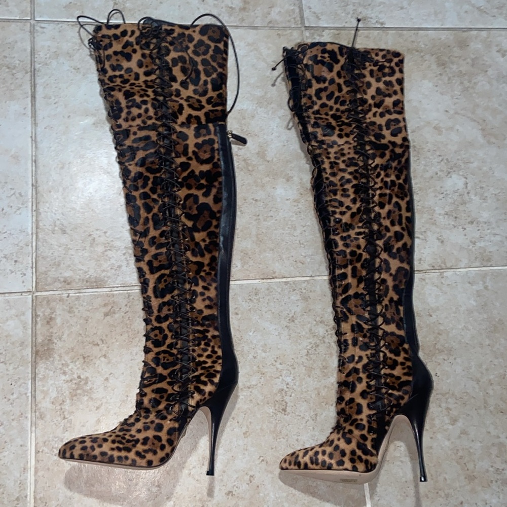 NWOB💫Brian Atwood Belle Cheetah/Leapoard Leather CalfHair LaceUp Thigh HighBoots - Picture 6 of 14